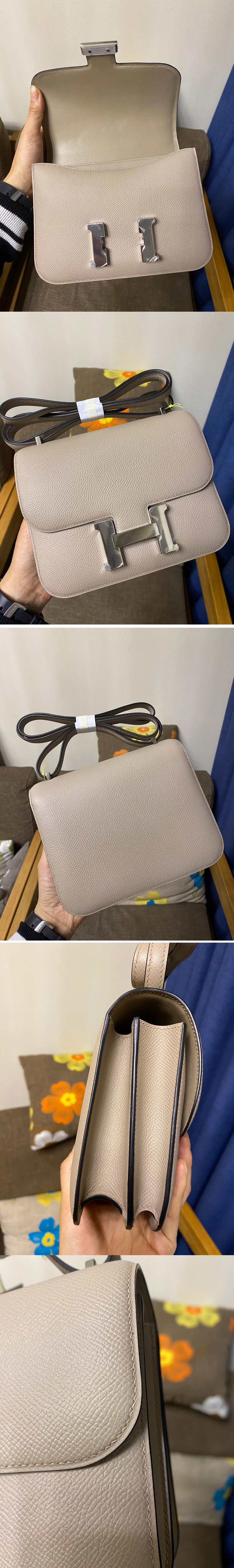 Replica Hermes constance 19 Bag in Gray Epsom Leather with Silver Buckle