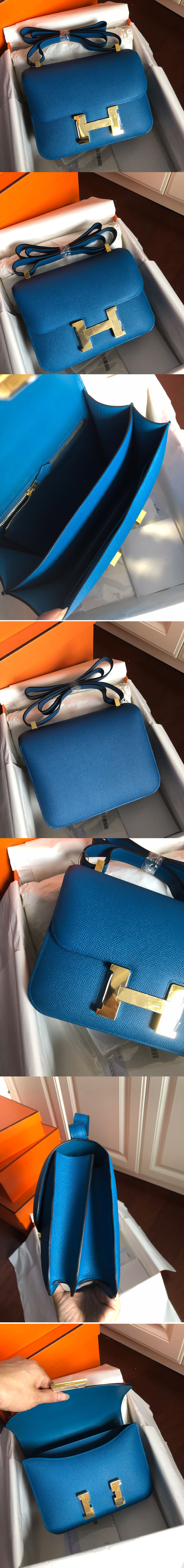 Replica Hermes constance 24 Bag in Blue Epsom Leather with Gold Buckle