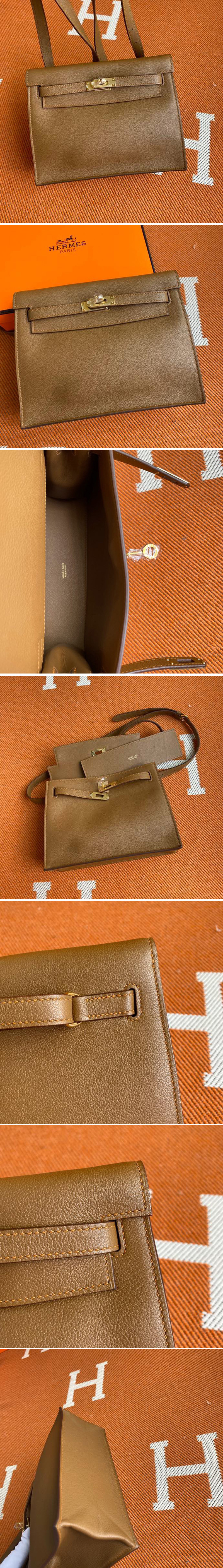 Replica Hermes Kelly Danse 22cm Bag in Brown Evercolor Leather with Gold Buckle