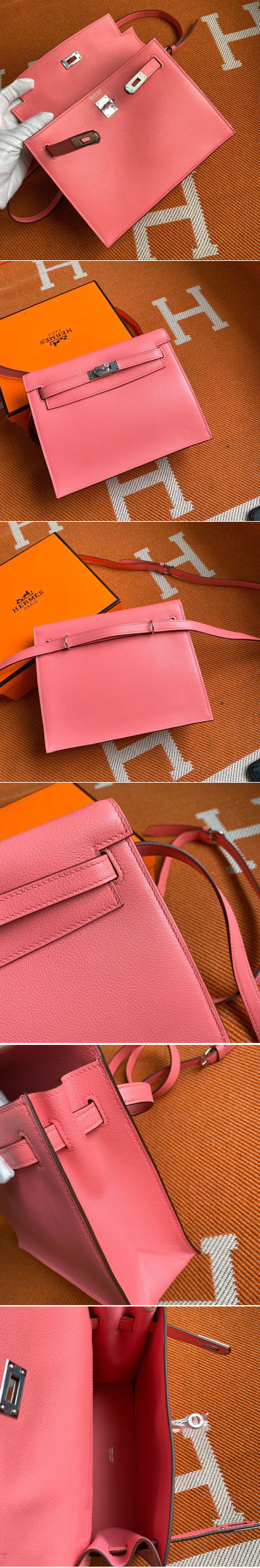 Replica Hermes Kelly Danse 22cm Bag in Pink Evercolor Leather with Silver Buckle