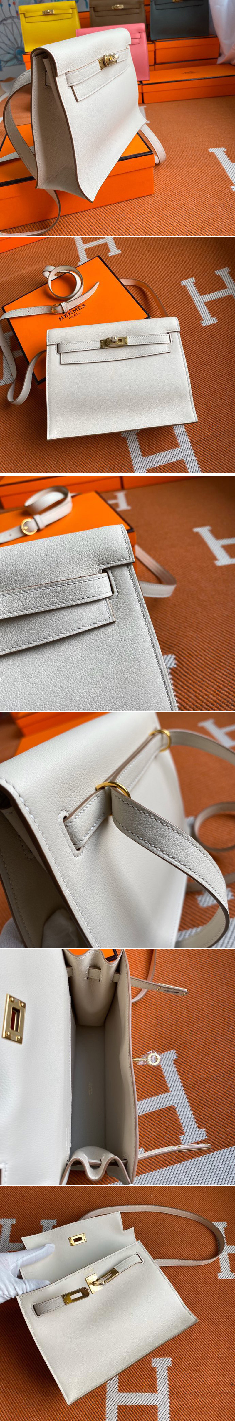 Replica Hermes Kelly Danse 22cm Bag in White Evercolor Leather with Gold Buckle