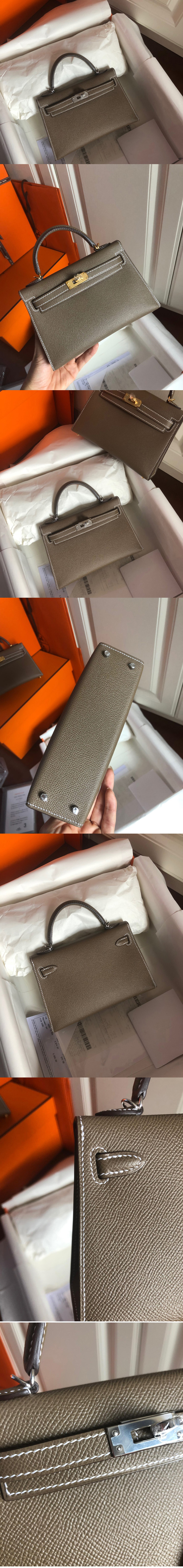 Replica Hermes Mini Kelly 19cm Bag Full Handmade in Elephant Gray Epsom Leather With Gold/Silver Buckle