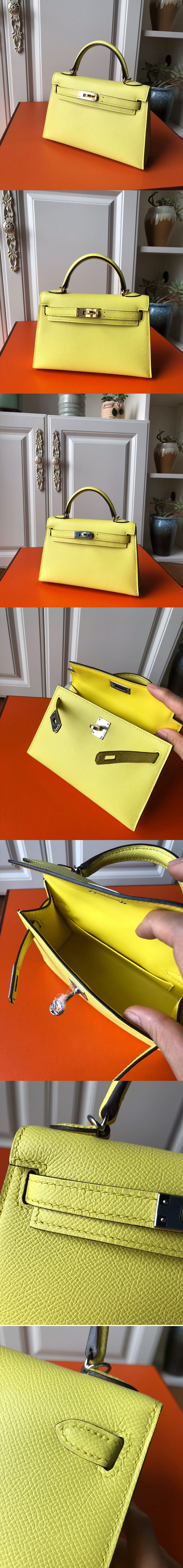 Replica Hermes Mini Kelly 19cm Bag Full Handmade in Lemon Epsom Leather With Gold/Silver Buckle