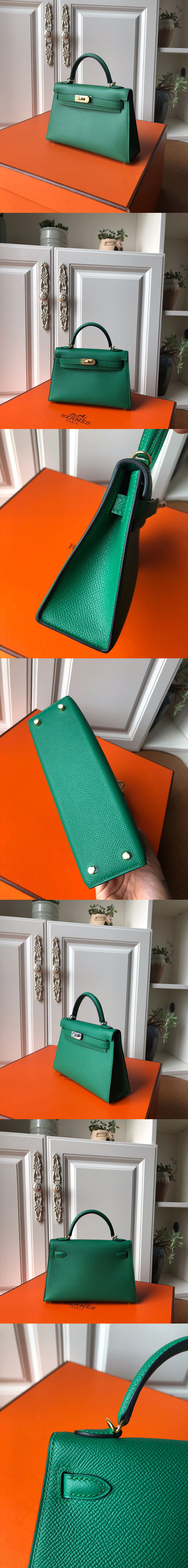 Replica Hermes Mini Kelly 19cm Bag Full Handmade in Green Epsom Leather With Gold/Silver Buckle