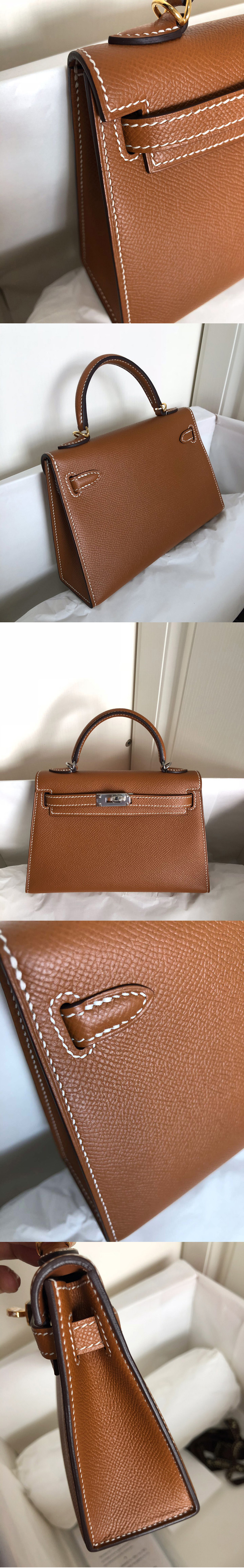 Replica Hermes Mini Kelly 19cm Bag Full Handmade in Brown Epsom Leather With Gold/Silver Buckle