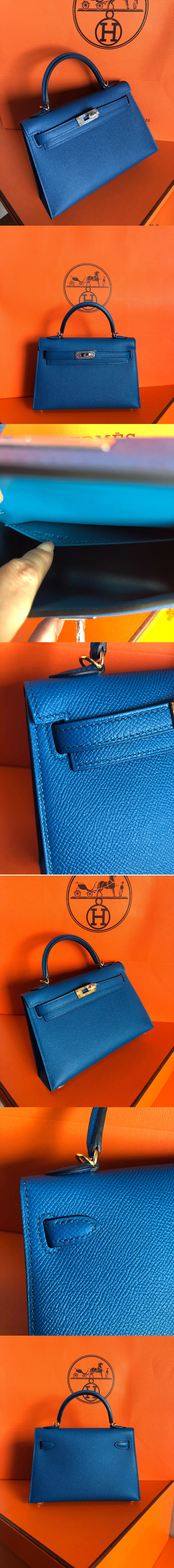 Replica Hermes Mini Kelly 19cm Bag Full Handmade in Blue Epsom Leather With Gold/Silver Buckle