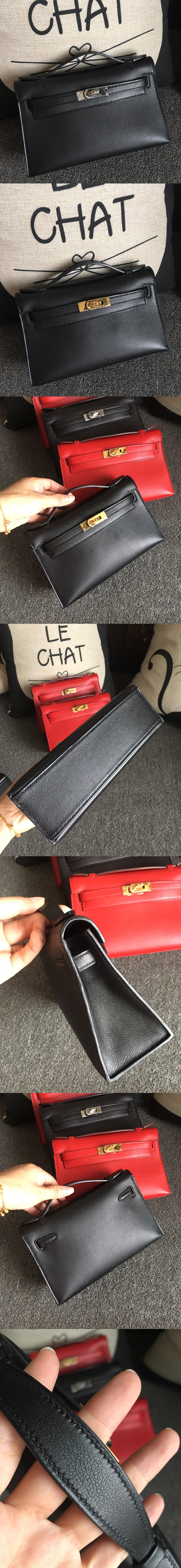 Replica Hermes Mini Kelly 22cm Pochette Bag Full Handmade in Black Swift Leather With Gold Buckle