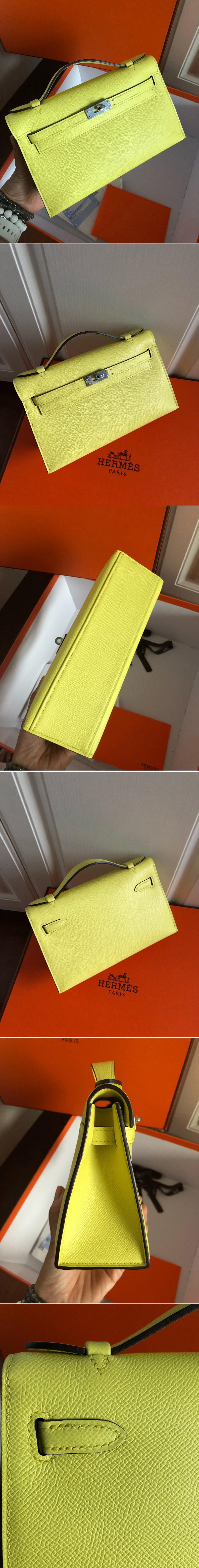 Replica Hermes Mini Kelly 22cm Pochette Bag Full Handmade in Lemon Epsom Leather With Silver Buckle