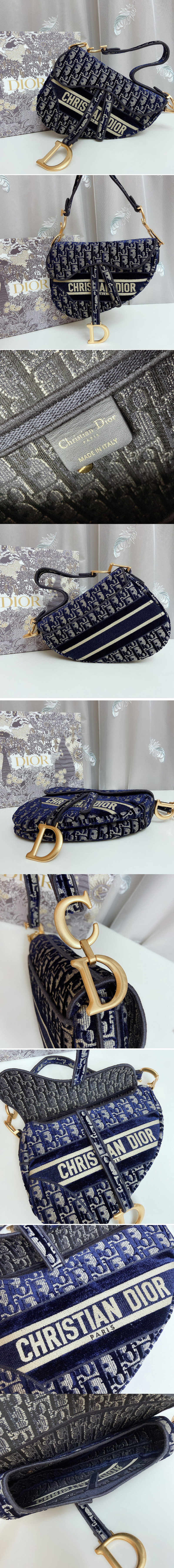 Replica Christian Dior M0446 Dior Saddle bag in Blue Dior Oblique Embroidery