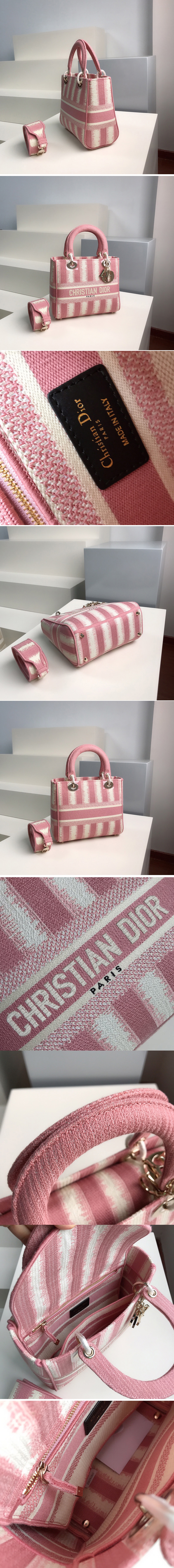 Replica Christian Dior M0565 Dior Medium Lady d-lite bag in Pink D-Stripes Embroidery