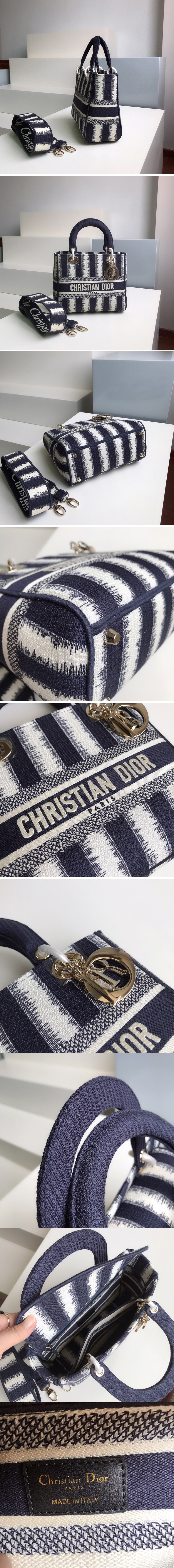 Replica Christian Dior M0565 Dior Medium Lady d-lite bag in Blue D-Stripes Embroidery