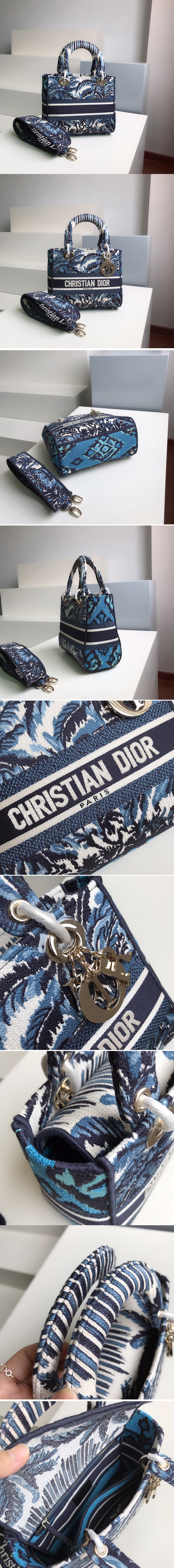 Replica Christian Dior M0565 Dior Medium Lady d-lite bag in Blue Dior Palms Embroidery