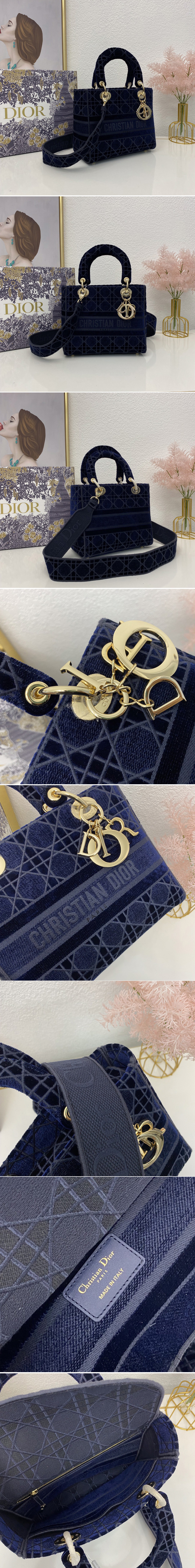 Replica Christian Dior M0565 Dior medium lady d-lite bag in Blue Cannage Embroidered Velvet