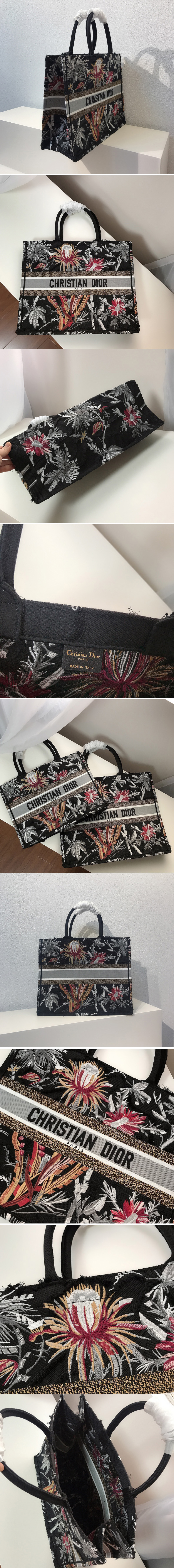 Replica Dior M1286 Dior Book Tote Bag in Black Palm Tree Toile de Jouy Embroidery