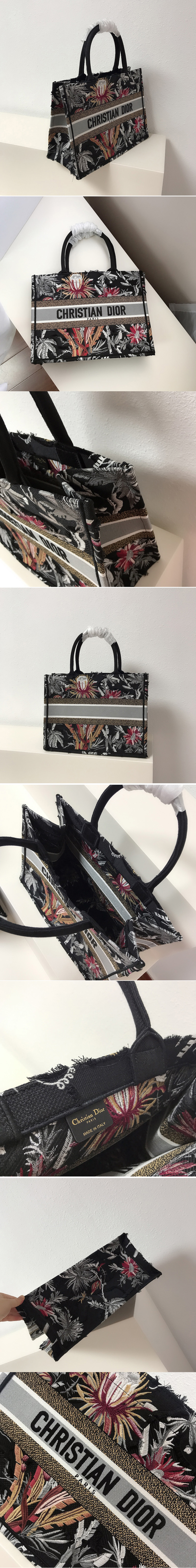 Replica Dior M1286 Medium Dior Book Tote Bag in Black Palm Tree Toile de Jouy Embroidery