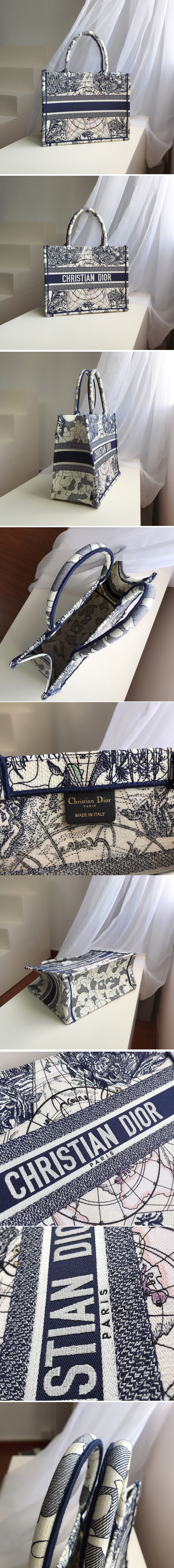 Replica Christian Dior M1296 Small Dior Book Tote Bag in Blue Multicolor Dior Around the World Embroidery