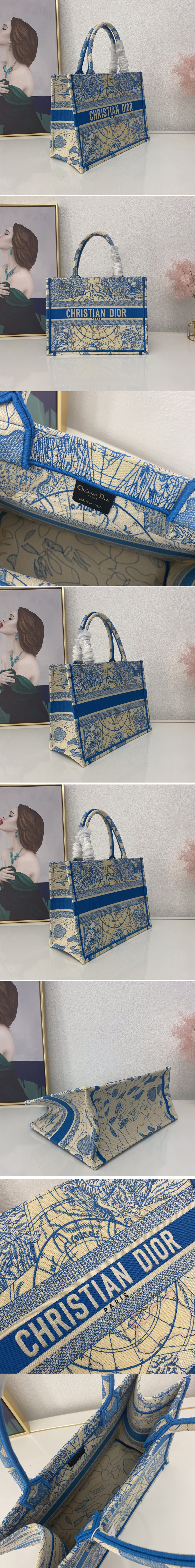 Replica Christian Dior M1296 Small Dior Book Tote Bag in Blue Multicolor Dior Around the World Embroidery