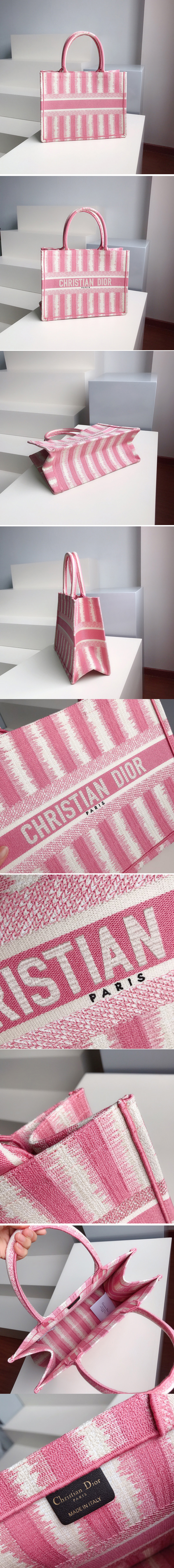 Replica Christian Dior M1296 Small Dior Book Tote Bag in Pink D-Stripes Embroidery