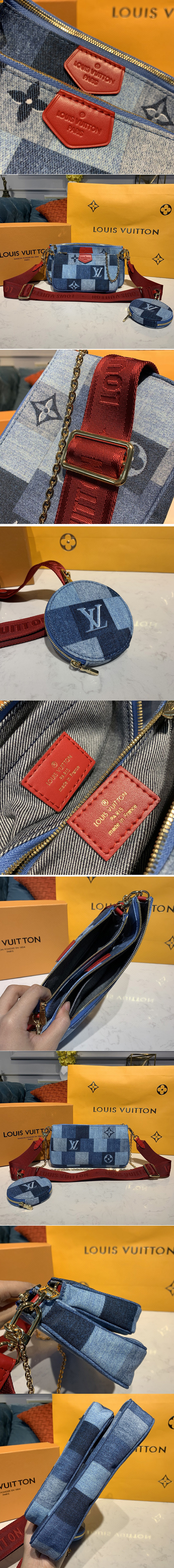 Replica Louis Vuitton M44990 LV Multi Pochette Accessoires bags in Blue/Red Monogram Denim canvas