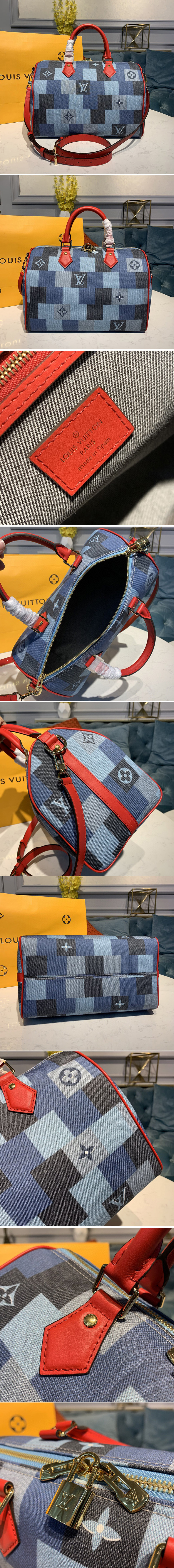 Replica Louis Vuitton M45041 LV Speedy Bandoulière 30 bag in Blue/Red Monogram Denim canvas