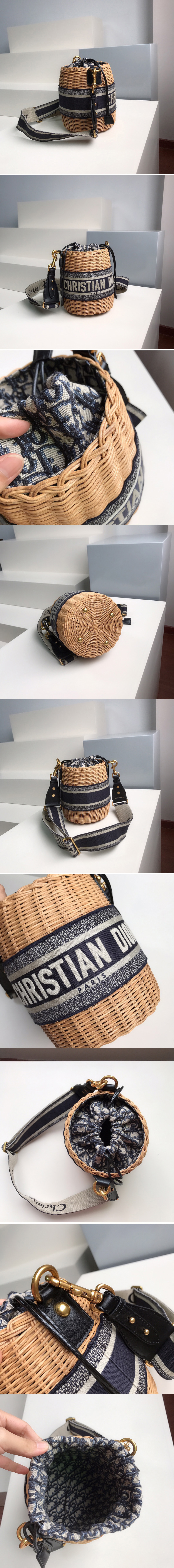 Replica Christian Dior M7600 Dior Wicker bucket bag in Blue Dior Oblique Jacquard and Natural Wicker