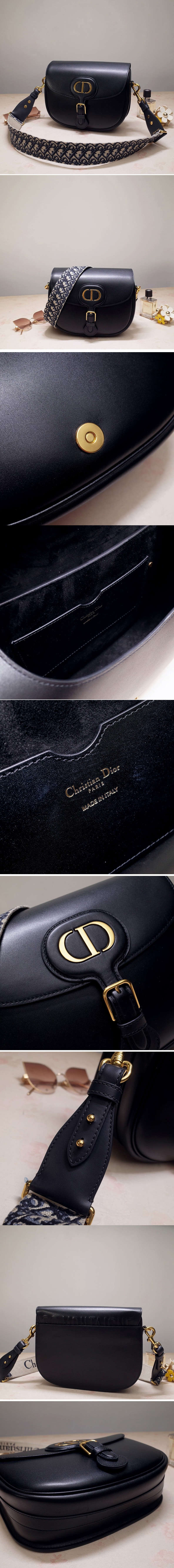 Replica Christian Dior M9320 Large Dior Bobby Bag in Black Box Calfskin with Blue Dior Oblique Embroidered Strap