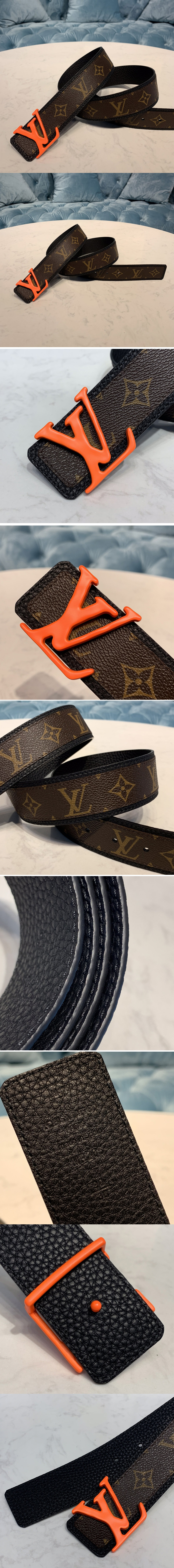 Replica Louis Vuitton MP205V LV Shape Patchwork 40mm belt in Monogram canvas With Orange Buckle