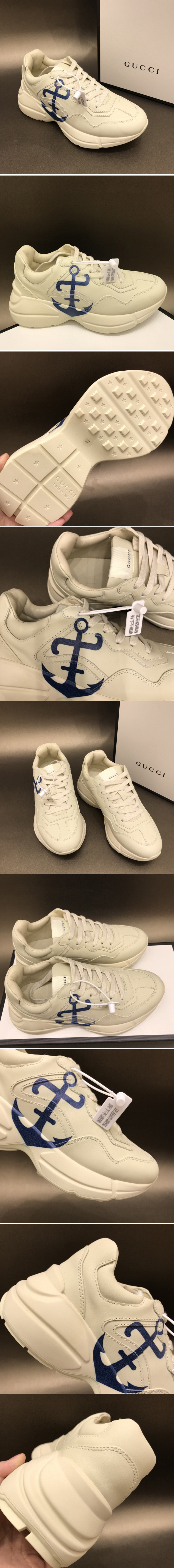 Replica Women and Men Gucci Rhyton leather sneaker with anchor in White Leather