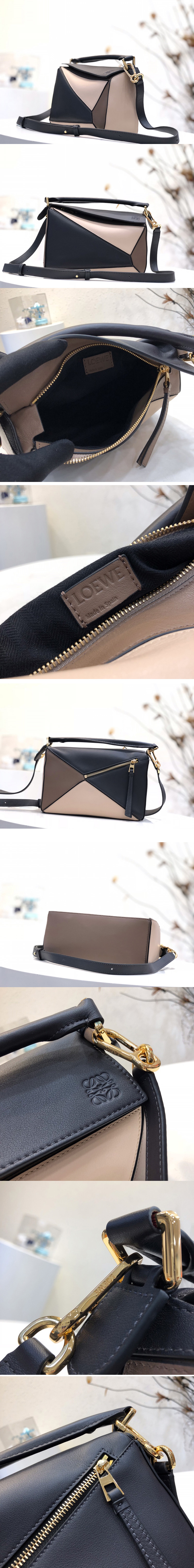 Replica Loewe Small Puzzle bag in Black/Grey/Pink classic calfskin