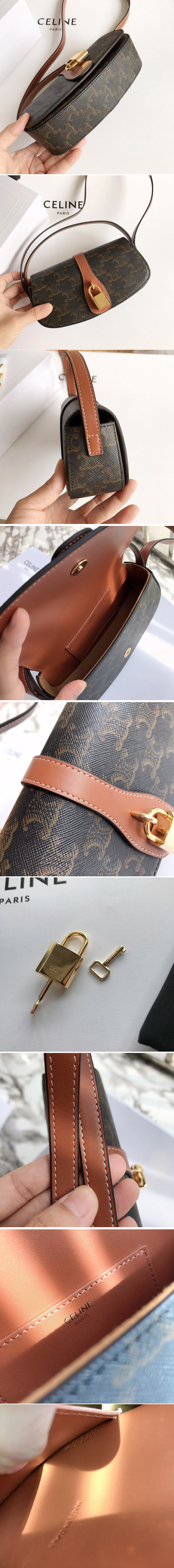 Replica Celine 10I592 CLUTCH ON STRAP IN TRIOMPHE CANVAS AND Tan CALFSKIN