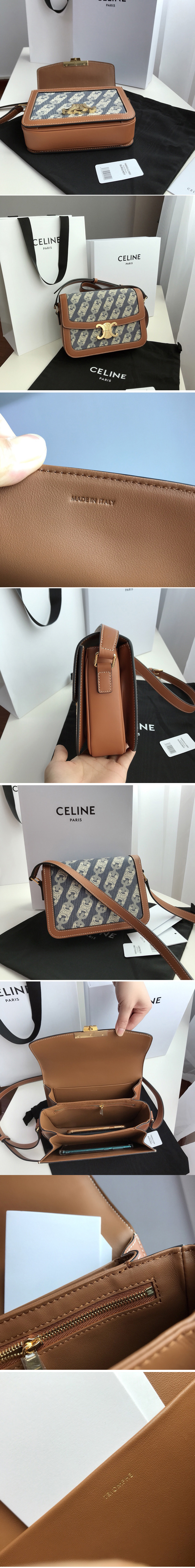 Replica Celine MEDIUM TRIOMPHE BAG IN NAVY/TAN CHAÎNE TRIOMPHE JACQUARD AND NATURAL CALFSKIN