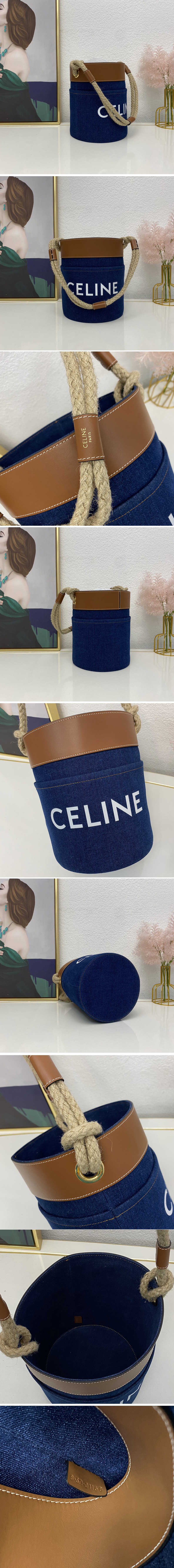 Replica Celine 196272 BUCKET CELINE bag IN NAVY / TAN DENIM WITH CELINE PRINT AND CALFSKIN