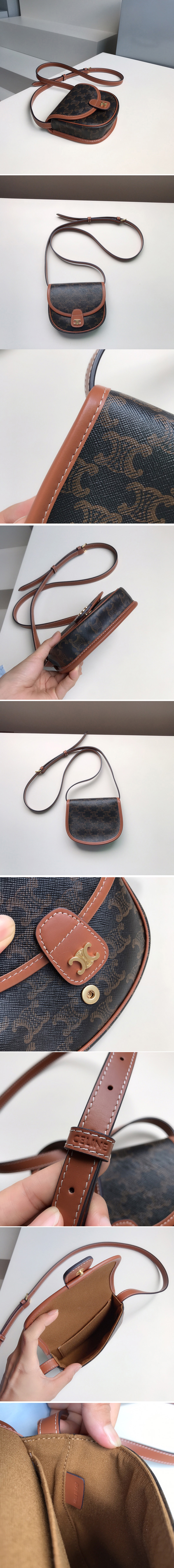 Replica Celine 196702 mini Besace bag in Brown TRIOMPHE CANVAS AND CALFSKIN