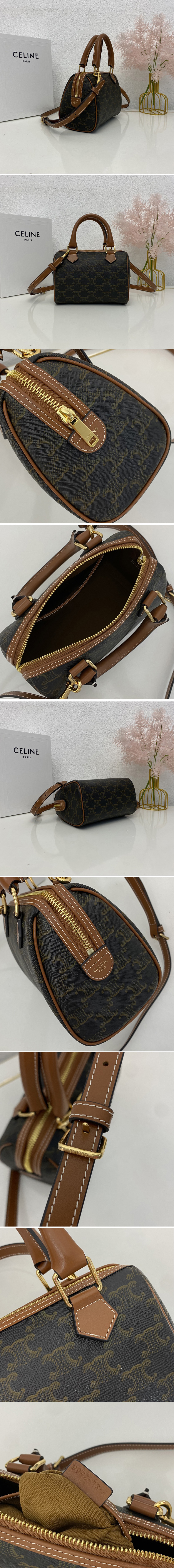 Replica Celine 197582 SMALL BOSTON IN TRIOMPHE CANVAS AND Tan CALFSKIN