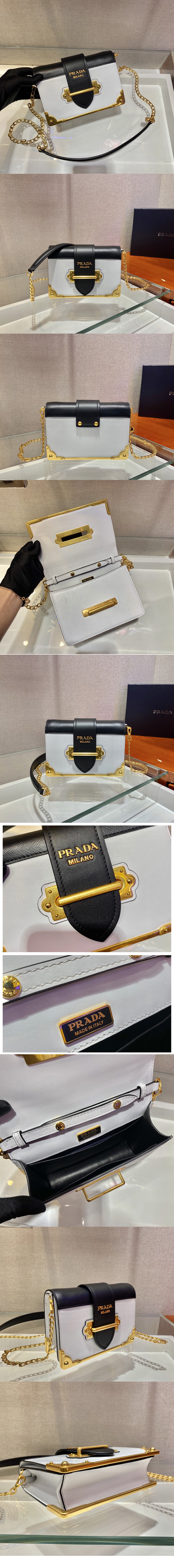 Replica Prada 1BH018 Leather Prada Cahier Bag in White/Black Leather