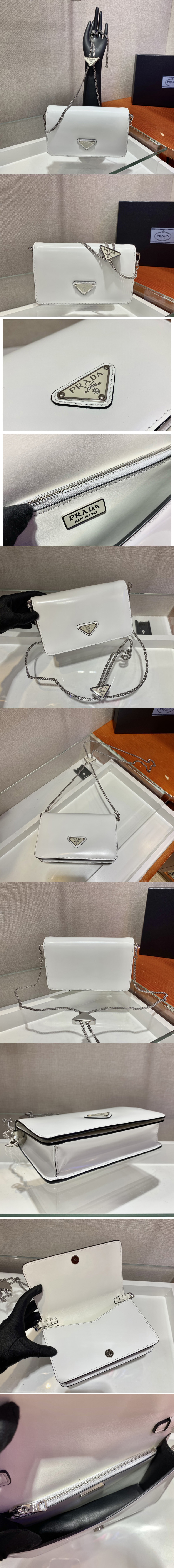 Replica Prada 1BD307 Brushed leather shoulder bag in White Brushed leather