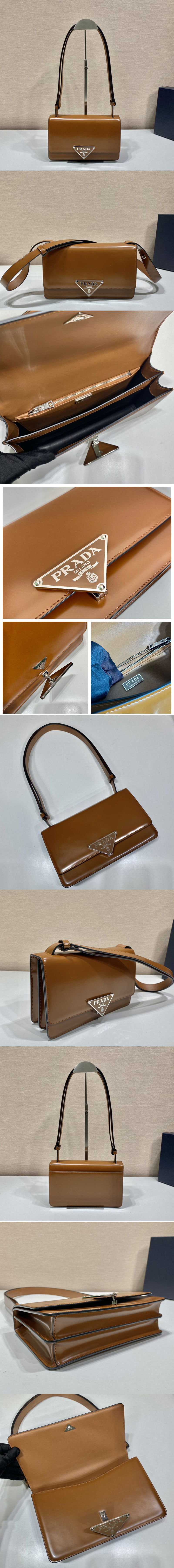 Replica Prada 1BD321 Prada Embleme brushed-leather bag in Brown Leather