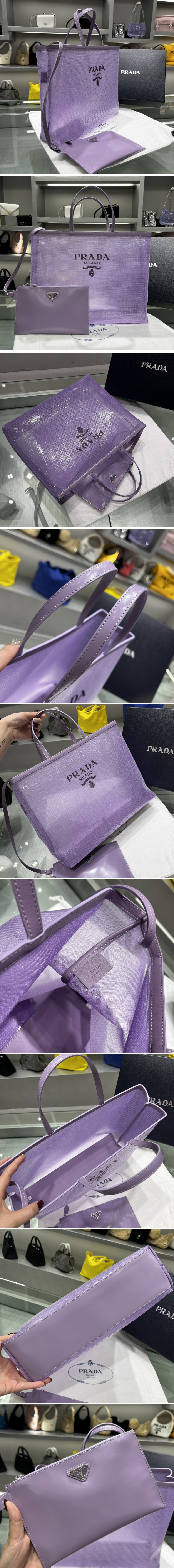 Replica Prada 1BG416 Sequined mesh tote bag in Lily Fabric/Leather