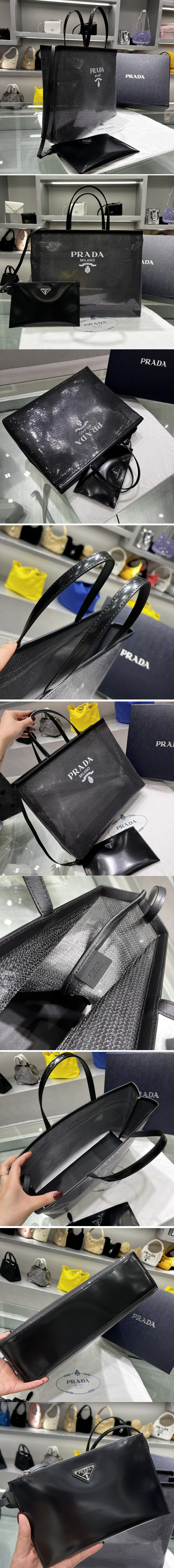 Replica Prada 1BG416 Sequined mesh tote bag in Black Fabric/Leather