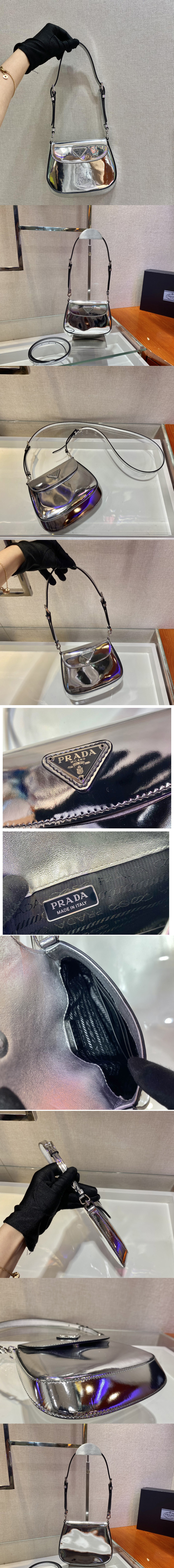 Replica Prada 1BH188 Cleo brushed leather shoulder bag in Silver brushed leather