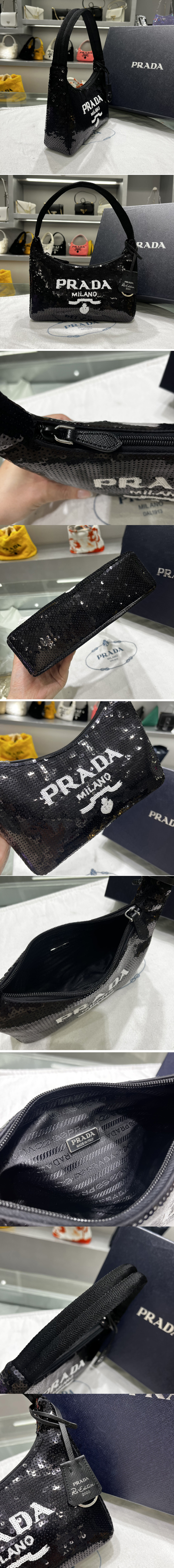 Replica Prada 1NE515 Re-Edition 2000 sequined Re-Nylon mini-bag in Black/White Fabric