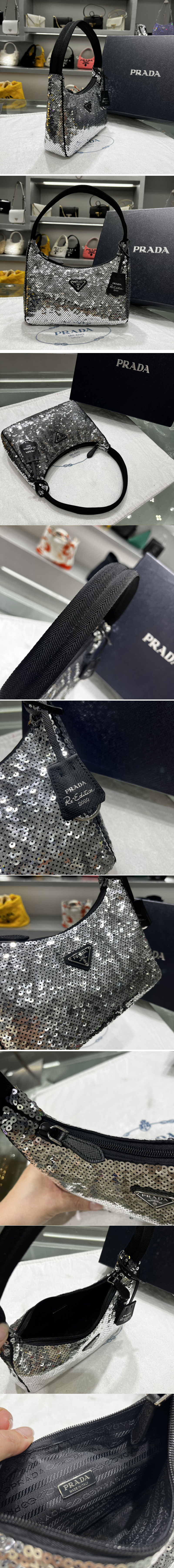 Replica Prada 1NE515 Re-Edition 2000 sequined Re-Nylon mini-bag in Silver Fabric