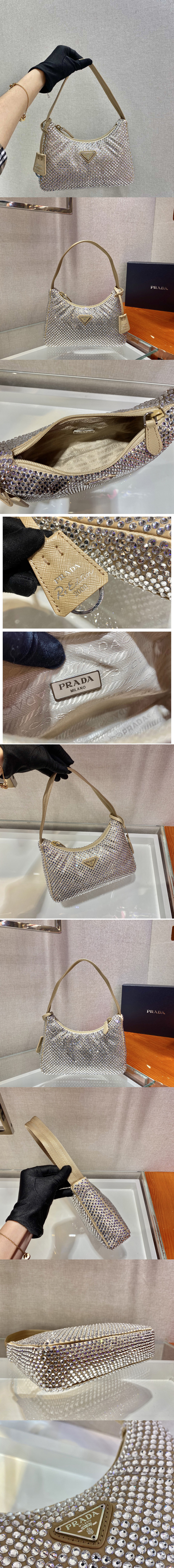 Replica Prada 1NE515 Satin mini-bag with artificial crystals in Apricot Fabric