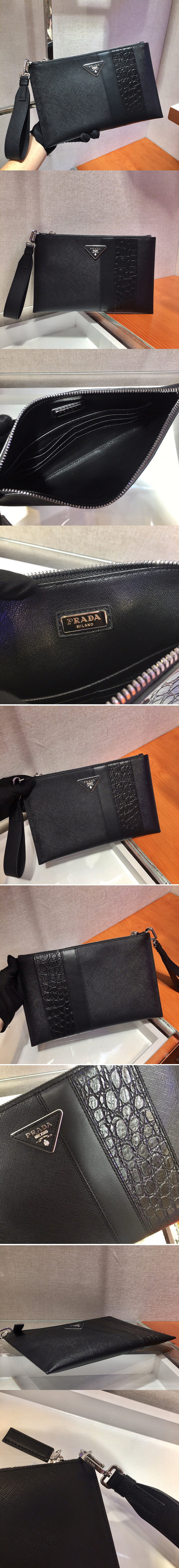 Replica Prada 2NG005G Saffiano Leather Clutch in Black Leather