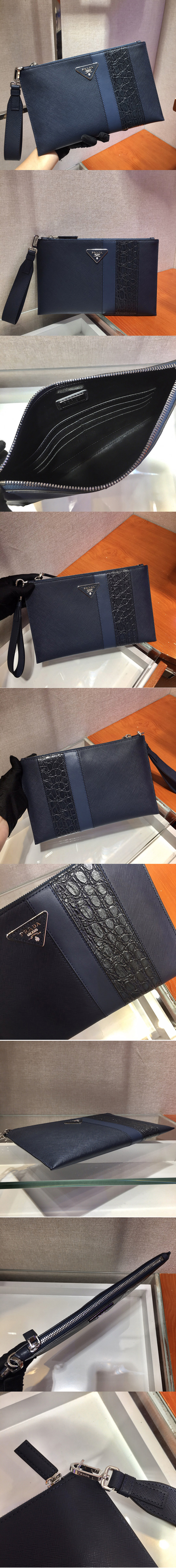 Replica Prada 2NG005G Saffiano Leather Clutch in Navy Blue/Blue Leather