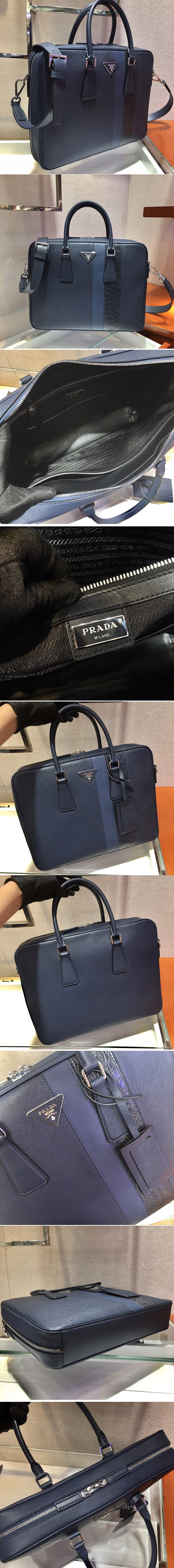 Replica Prada 2VE011D Saffiano Leather Work Bag in Navy Blue/Blue Leather