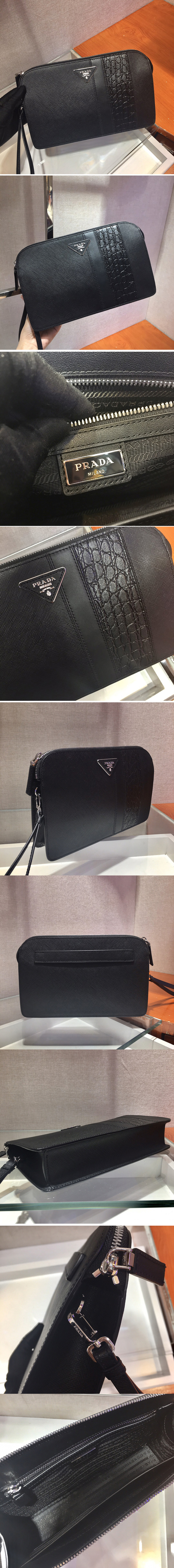 Replica Prada 2VF056D Saffiano Leather Clutch in Black Leather