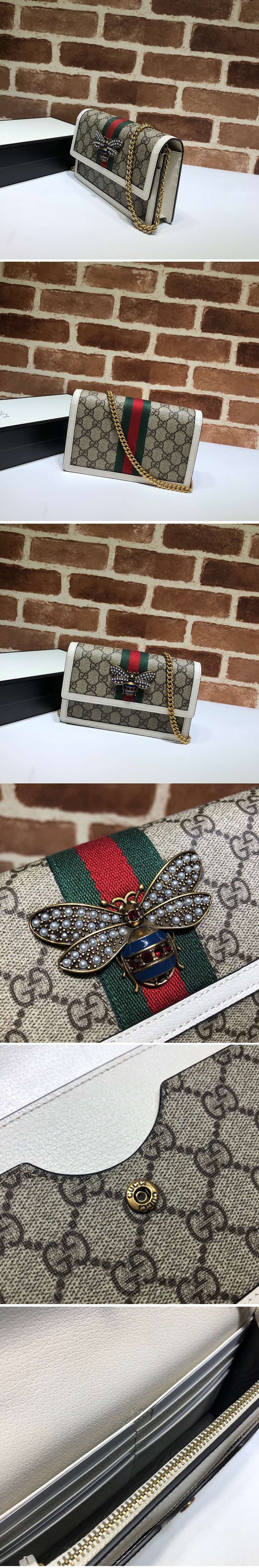 Replica Gucci 476079 Queen Margaret Mini GG Bag in Beige/ebony GG Supreme canvas With White Leather