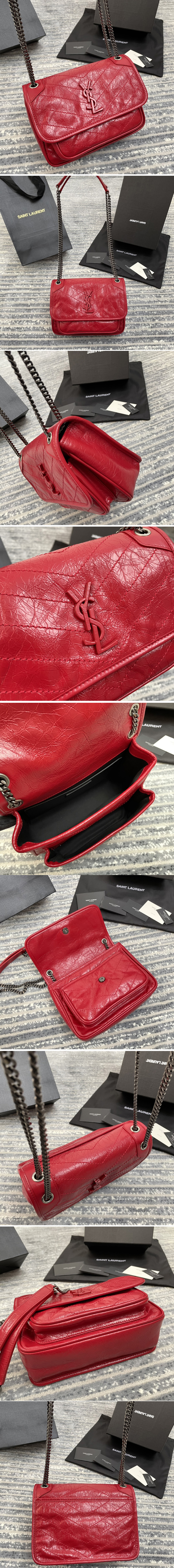 Replica Saint Laurent 533037 YSL niki baby Bag in Red crinkled vintage leather