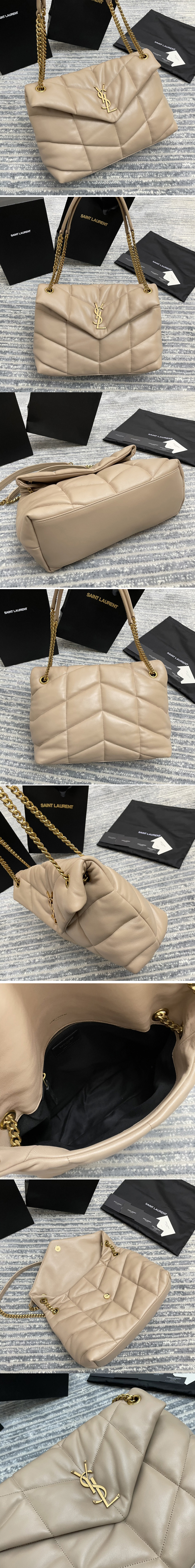 Replica Saint Laurent 577475 YSL Loulou Puffer Medium Bag in Beige Quilted Lambskin Leather Gold Hardware